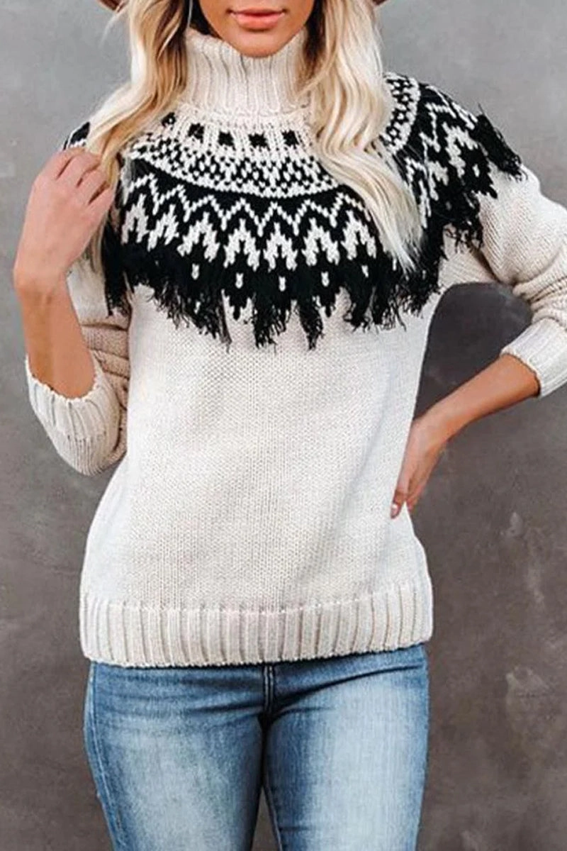 Tagless Neckline WOMEN VINTAGE TASSEL HIGH NECK BOHEMIAN SWEATER
