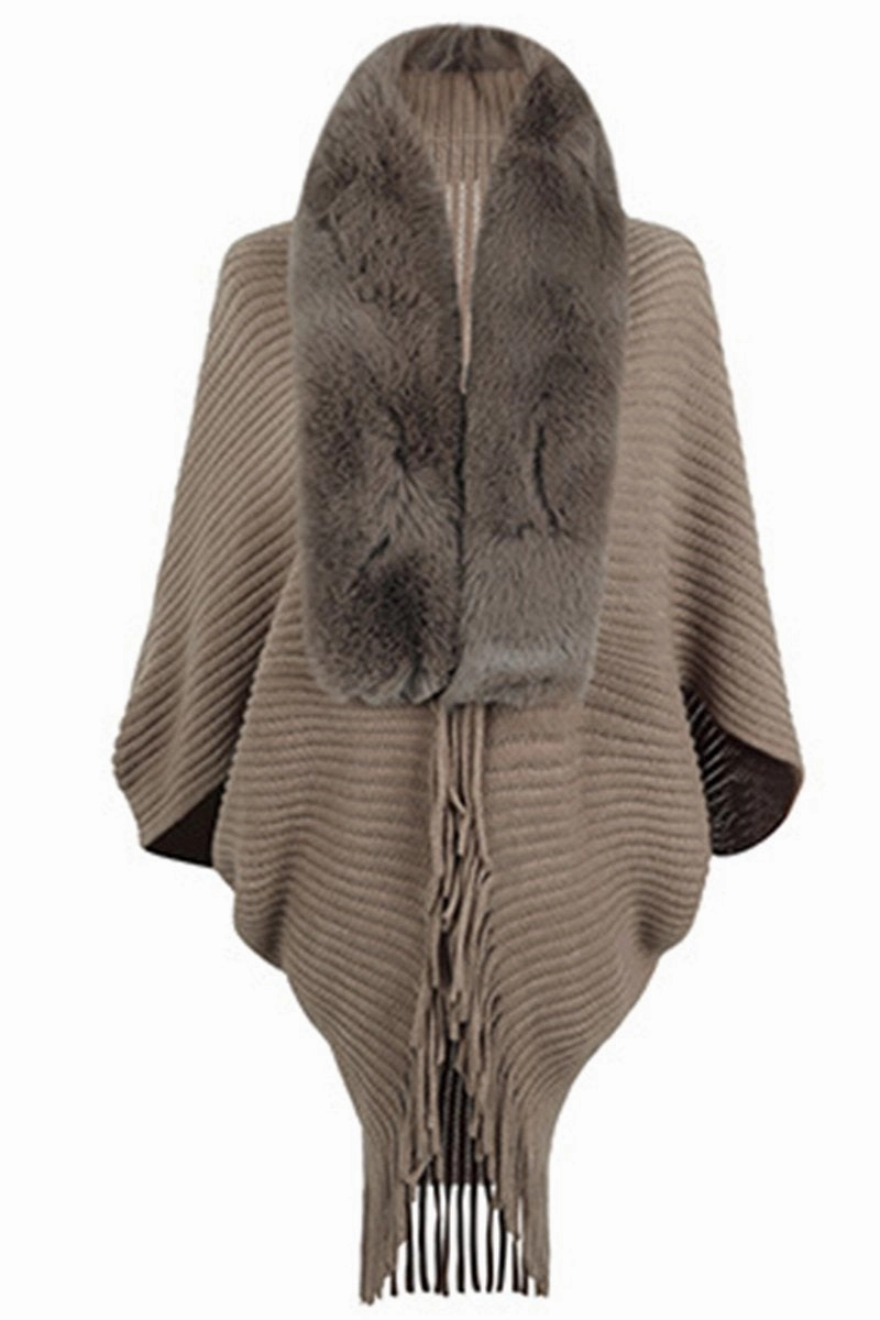 Sporty Design Stretch Weave Construction WOMEN WINTER FURRY TASSEL DETAILED SHAWL WRAP