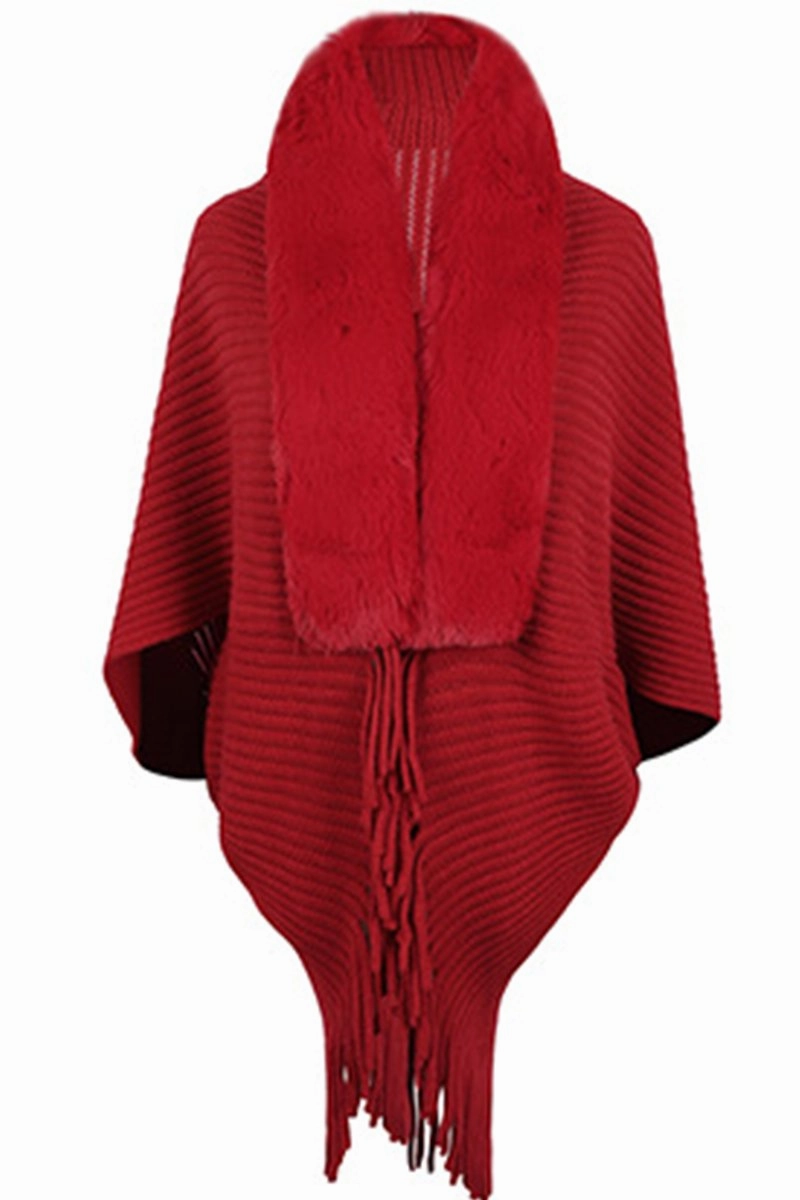 OversizedSilhouette All Over Print Technique WOMEN WINTER FURRY TASSEL DETAILED SHAWL WRAP