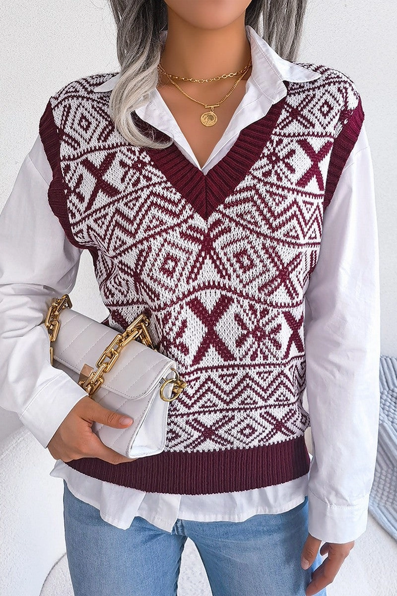 NonChafingEdges Stretchable Blend WOMEN X MAS PATTERN LOOSE FIT RIBBED SWEAT VEST