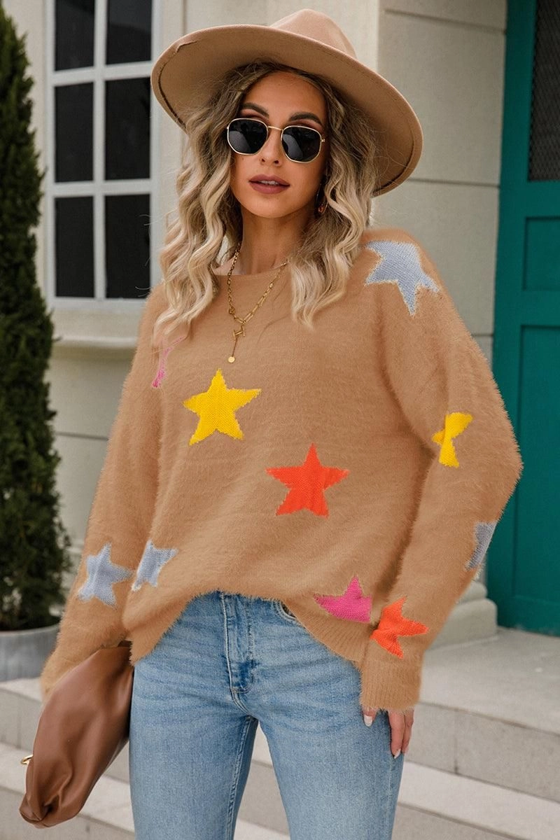 WOMENS COLORED STAR PATTERN SWEATER TOP Comfy Layer NoSlipSurface