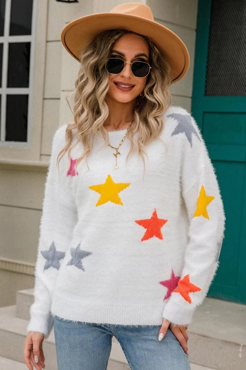 Structured Shoulder WOMENS COLORED STAR PATTERN SWEATER TOP