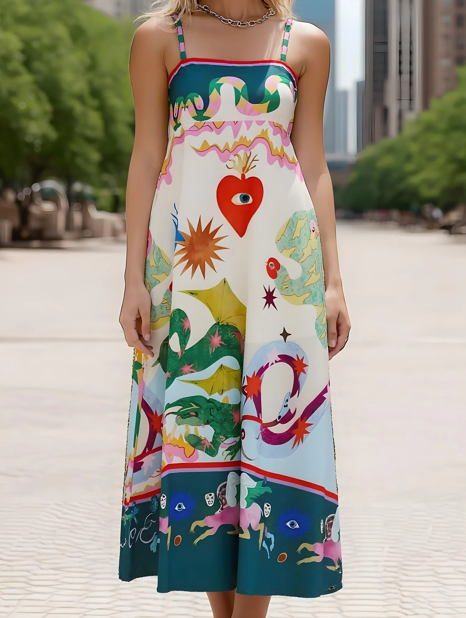 Wonderland Fairy Print Swing Dress ??Whimsical Strappy Midi Versatile Piece Simple Flow