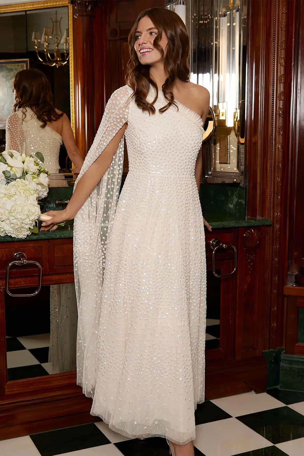 Timeless fitted silhouette Modern Lines Scatter Dot One-Shoulder Ankle Gown