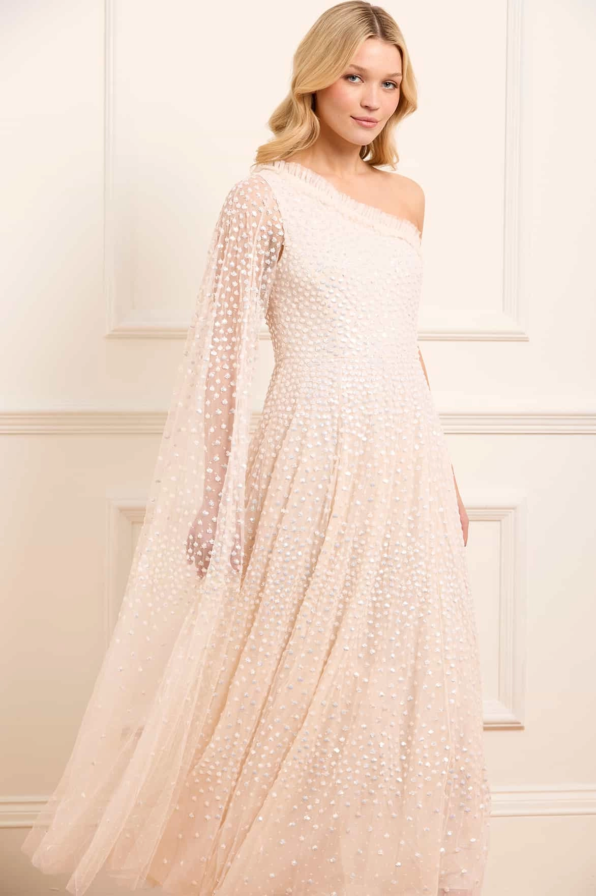 Tailored Fit button detail Scatter Dot One-Shoulder Ankle Gown