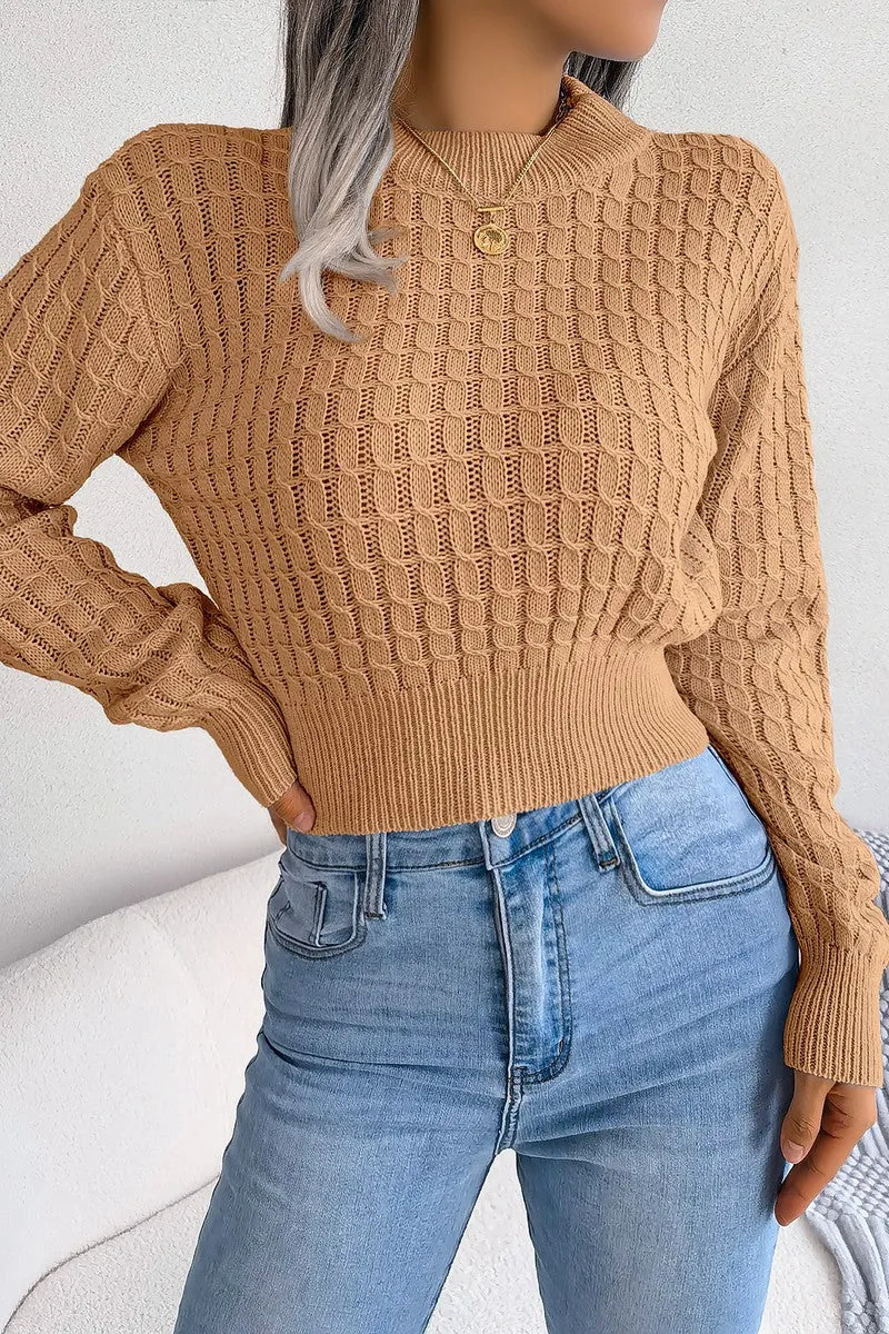Layered Shoulder FrictionResistant Trim TWIST CHUNKY CABLE KNIT RIBBED CROP SWEATSHIRT
