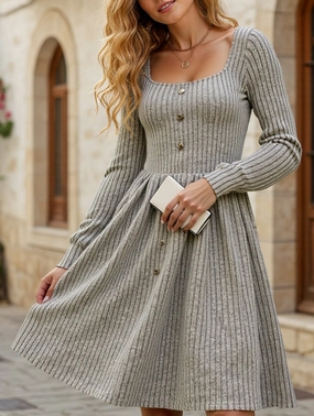 Smooth Layers Office Classic Long-sleeved square-neck solid-color dress