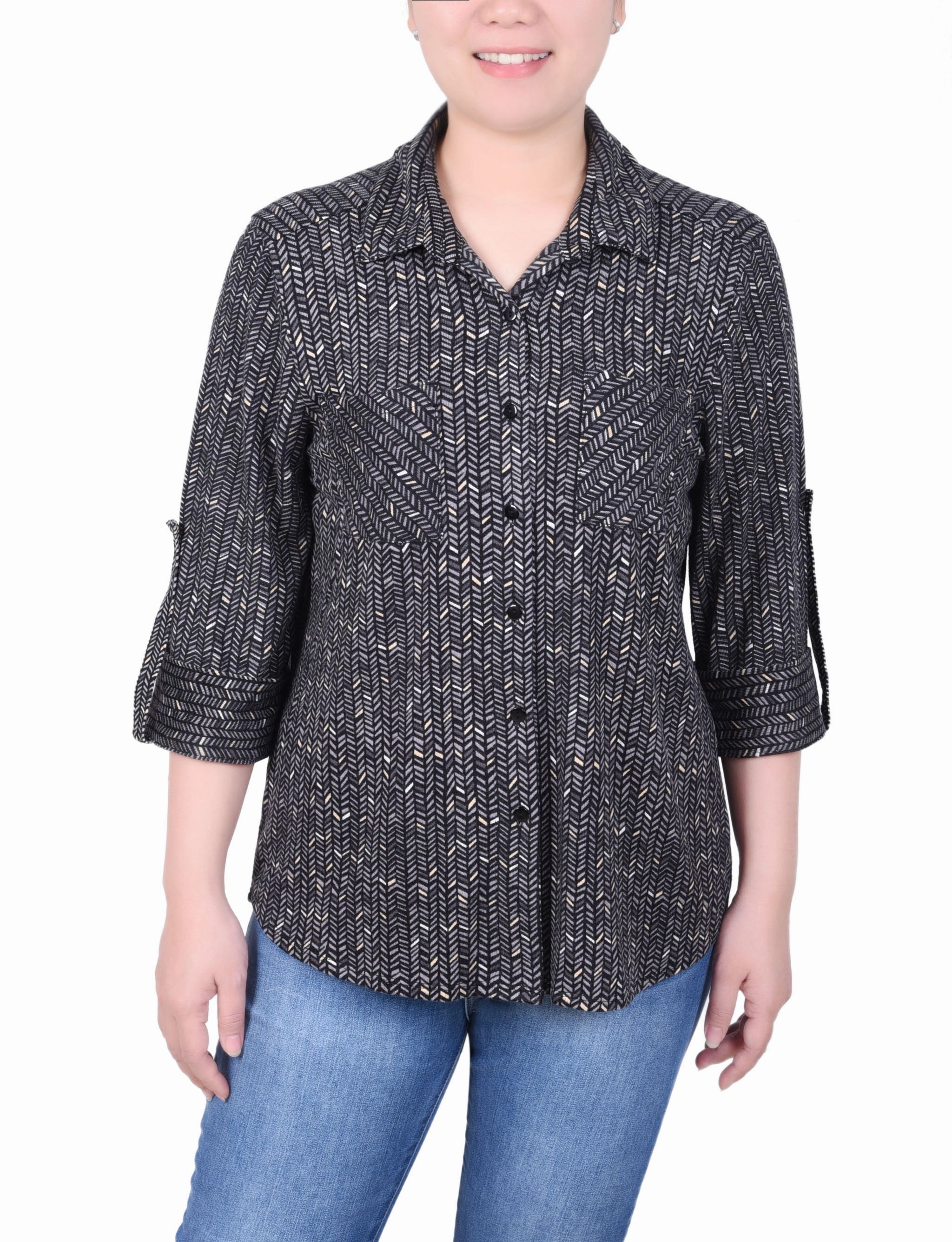 GarmentDyed NoTagLabel Petite Long Sleeve Button Front Tunic Top