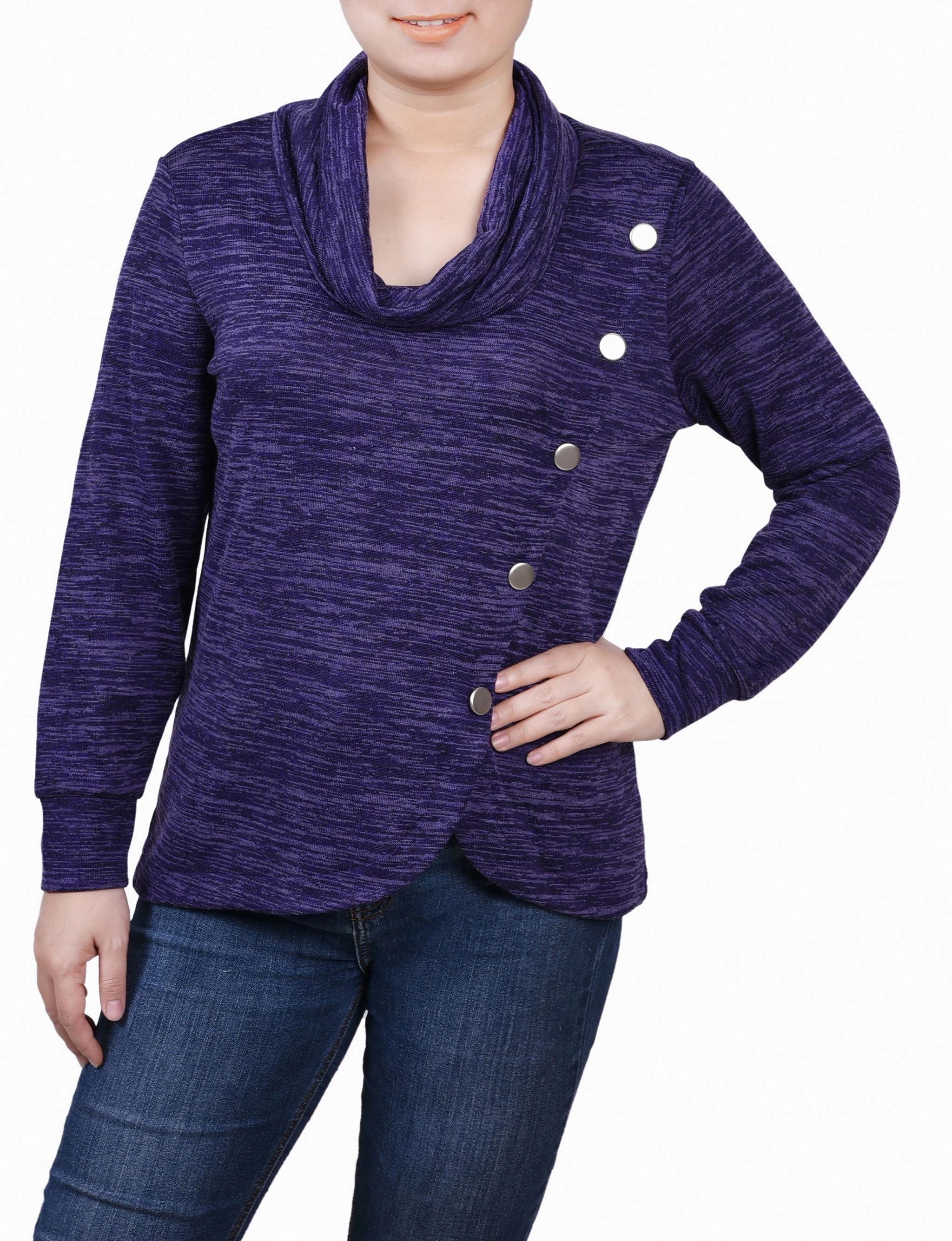 Reinforced Neckline Detail Petite Long Sleeve Overlapping Cowl Neck Top