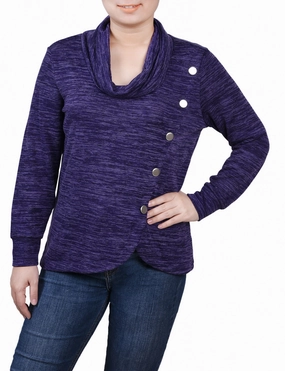 Petite Long Sleeve Overlapping Cowl Neck Top Breathable Construction