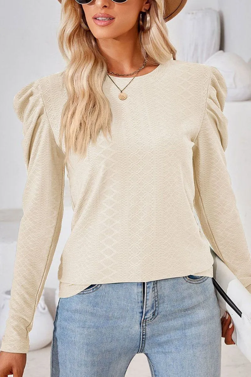 CREW NECK PUFF SLEEVE BLOUSE TEE FOR WOMEN FasteningHood TwillWeave
