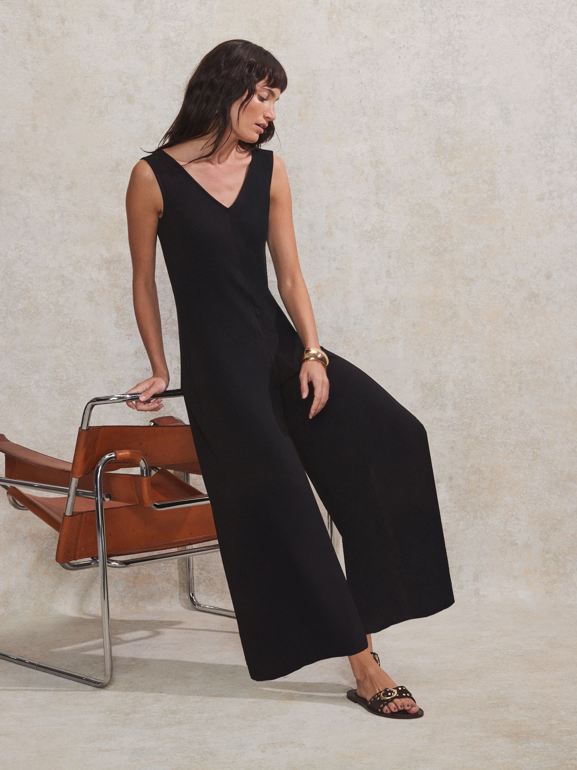 Reinforced Hem Laser Cut Edges Black Jersey V Neck Jumpsuit