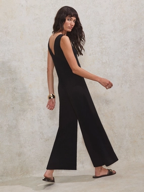 Double Stitched Seams Flexible Knit Black Jersey V Neck Jumpsuit