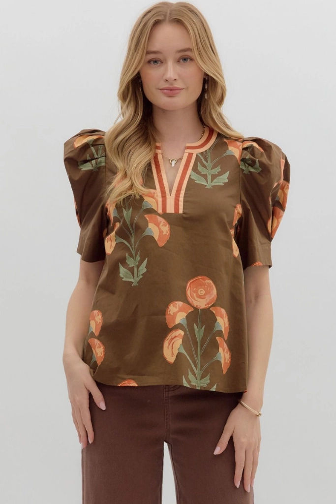 BioBased Fiber ThermalRegulating Fabric Everleigh Floral Top in Brown