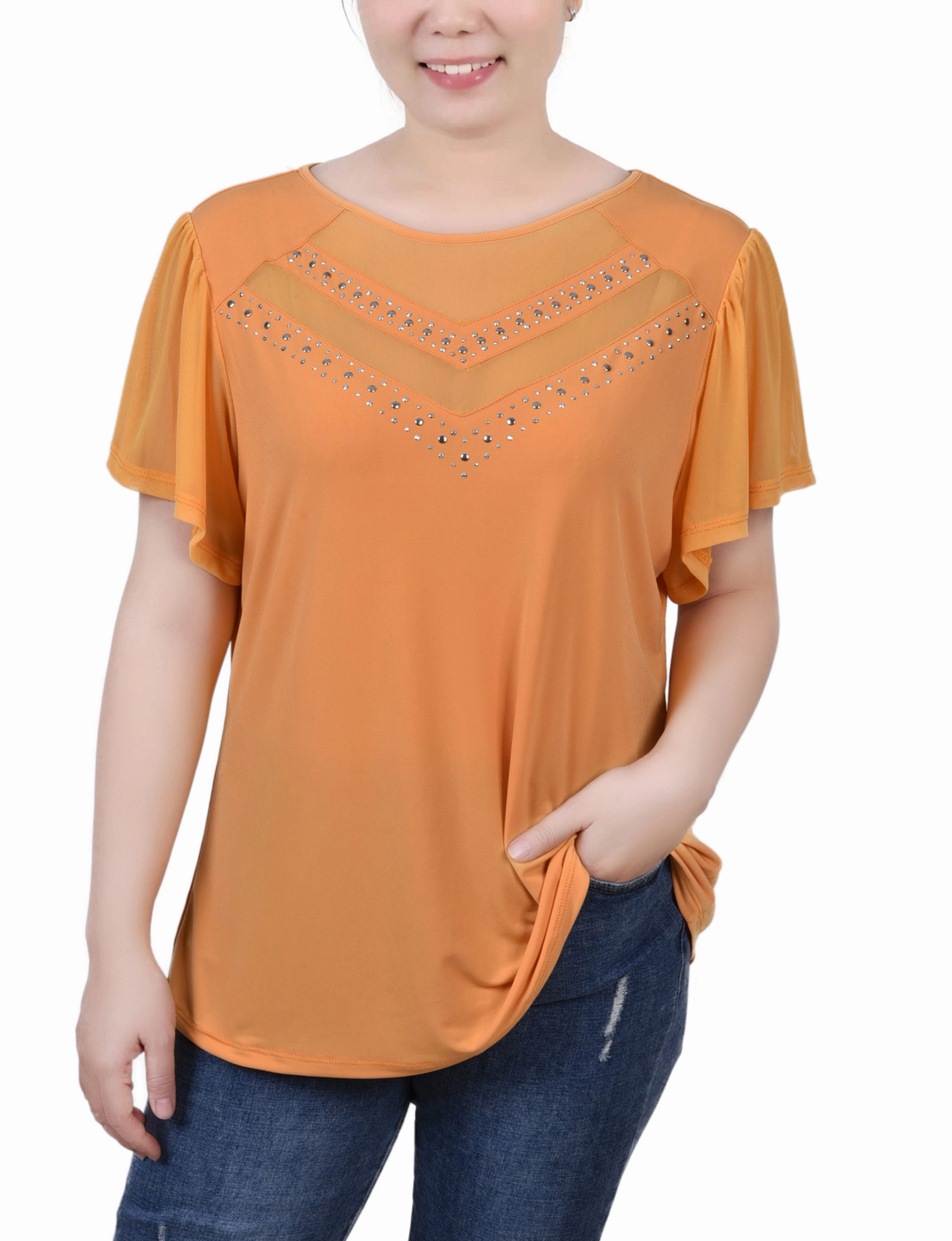 SnagResistant Overlock Edging Petite Studded Short Flutter Sleeve Top With Mesh Details