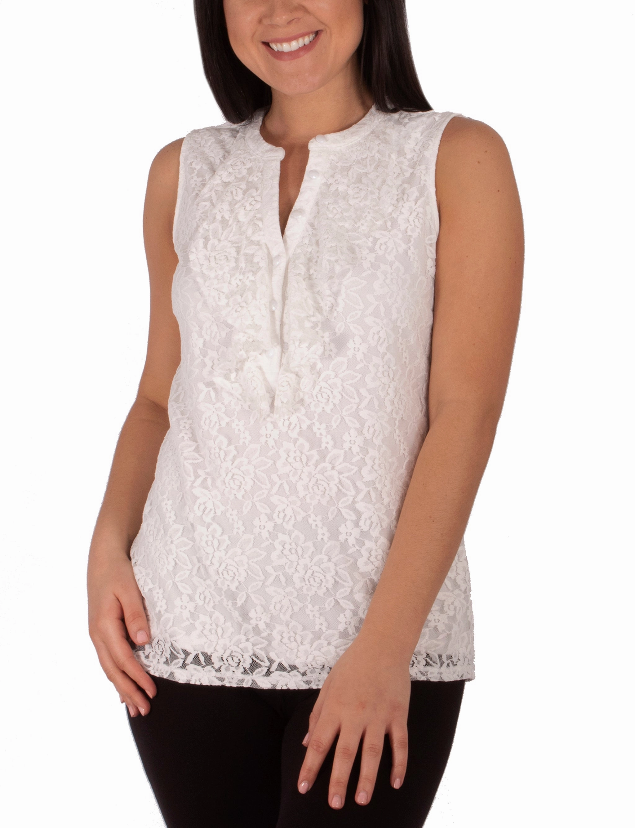 summer look NonIrritating Stitching Sleeveless Lace Ruffle Front Y Neck Top