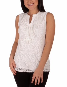 NoSlipGripperBand Sweat Absorbent Inner Layer Sleeveless Lace Ruffle Front Y Neck Top