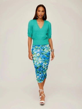 Bennet Shirred Sleeve Sweater Teal Unstructured Silhouette Interlock Stitch Detail