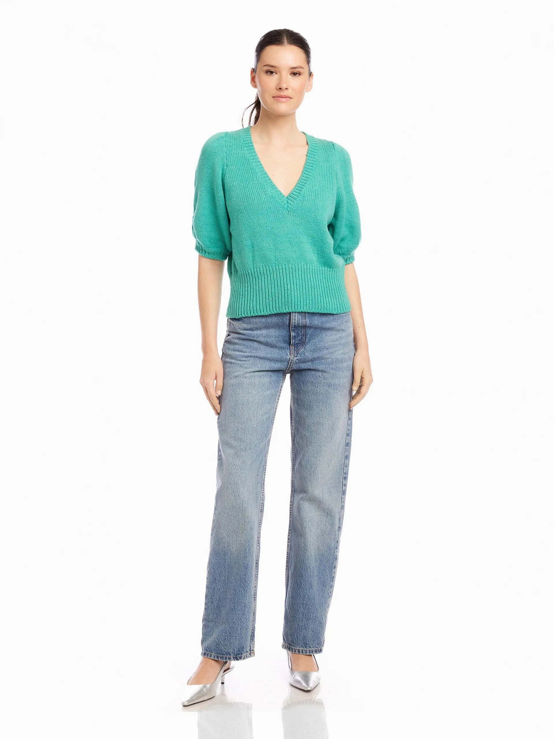 Bound Seam Edges Stretch Fit Top Bennet Shirred Sleeve Sweater Teal