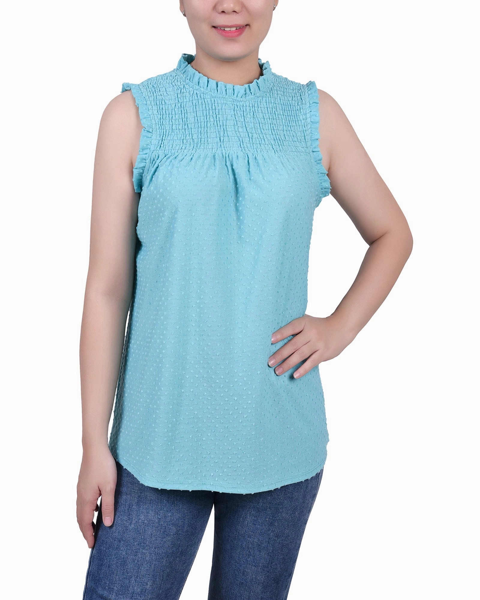Sleeveless Yoke Top With Ruffles Wicking Inner Lining Recycled Polyester Material