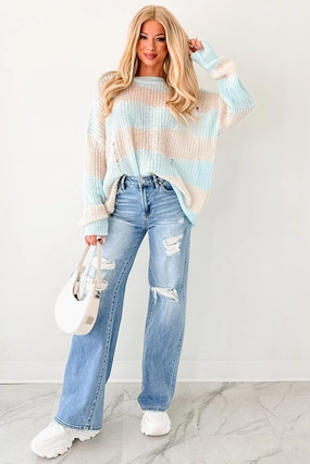 The Soft Life Signature 8 Striped Knit Pullover (Blue/Tan) BoxyCrop Double Needle Hemming