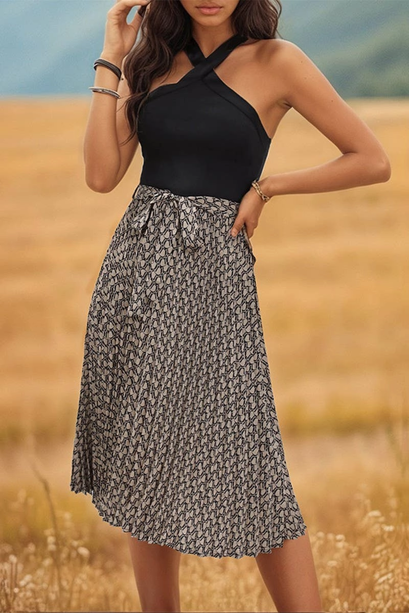 COLOR MATCHING CROSS HANGING NECK STRAP DRESS_CWDSD2896 Fluid movement