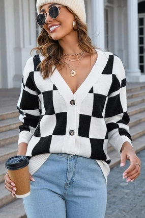 BUFFALO PLAID BUTTON CLOSURE V NECK CARDIGAN LightweightWeave