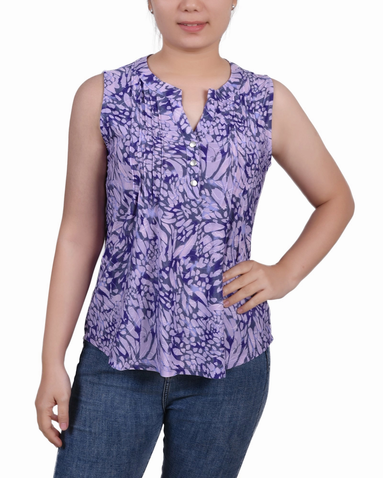 GarmentWashedFinish Wrinkle resistant fabric Sleeveless Jacquard Y Neck Top