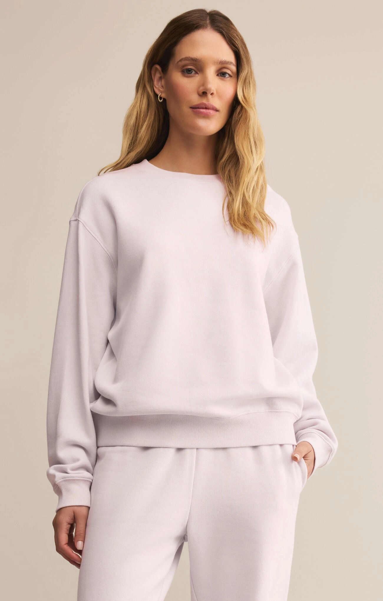 Z Supply Boyfriend Cotton Sweatshirt in Lavender Ice Cozy Layer QuickPackFoldableDesign