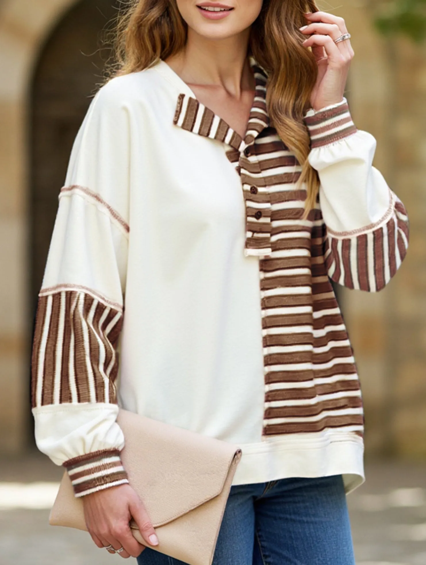 Durable Reinforced Shoulders Striped loose casual sweatshirt