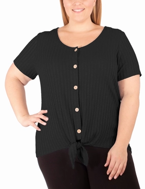 Plus Size Short Sleeve Button Front Top With Tie At Hem Summer Wardrobe ZeroWastePattern
