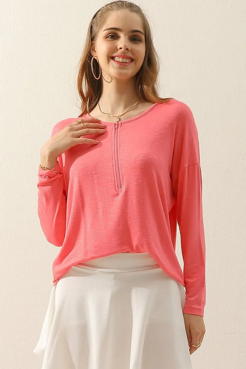 Curved Hem ZIP-UP R NECK LONG SLEEVE SLUB TUNIC TOP