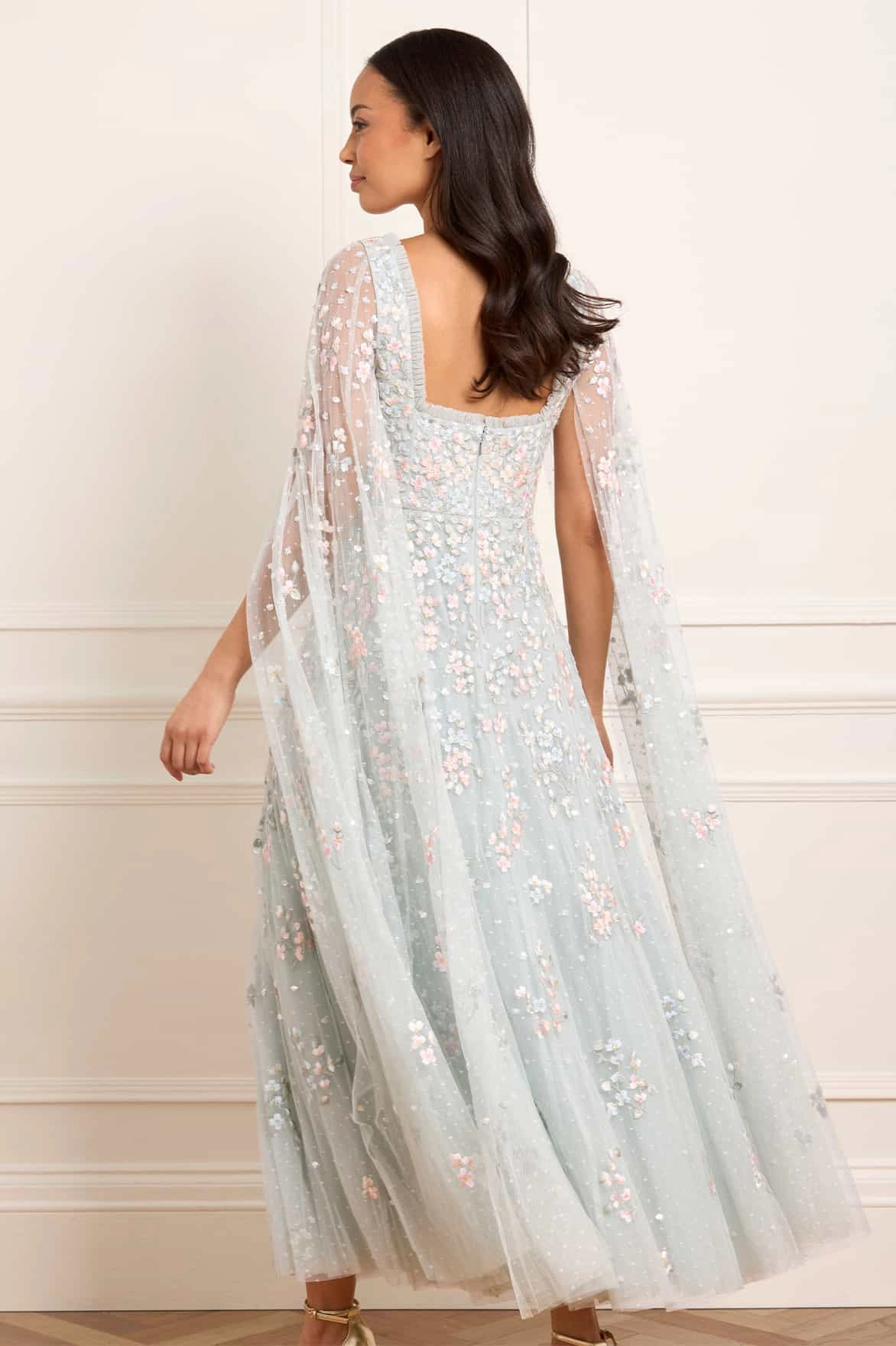 Square Neck Event Perfect Versailles Ditsy Cape Sleeve Ankle Gown