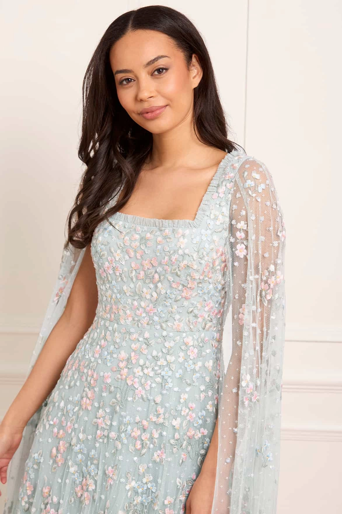 Sheer Layer Flowy Cut Versailles Ditsy Cape Sleeve Ankle Gown