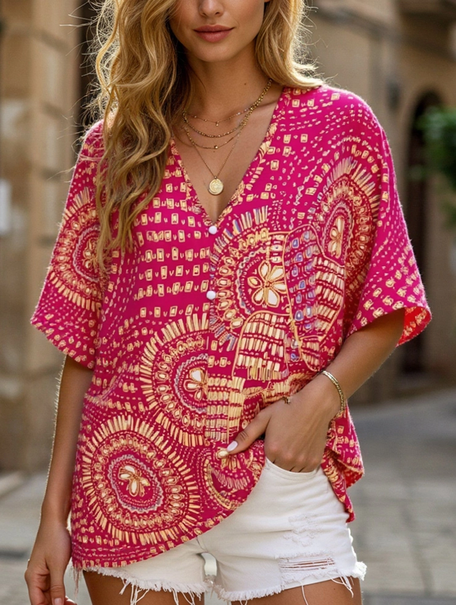 V-Neck Printed Resort-Style Bat-Sleeved Top ??Breezy & Chic Summer Essential Mesh Lining