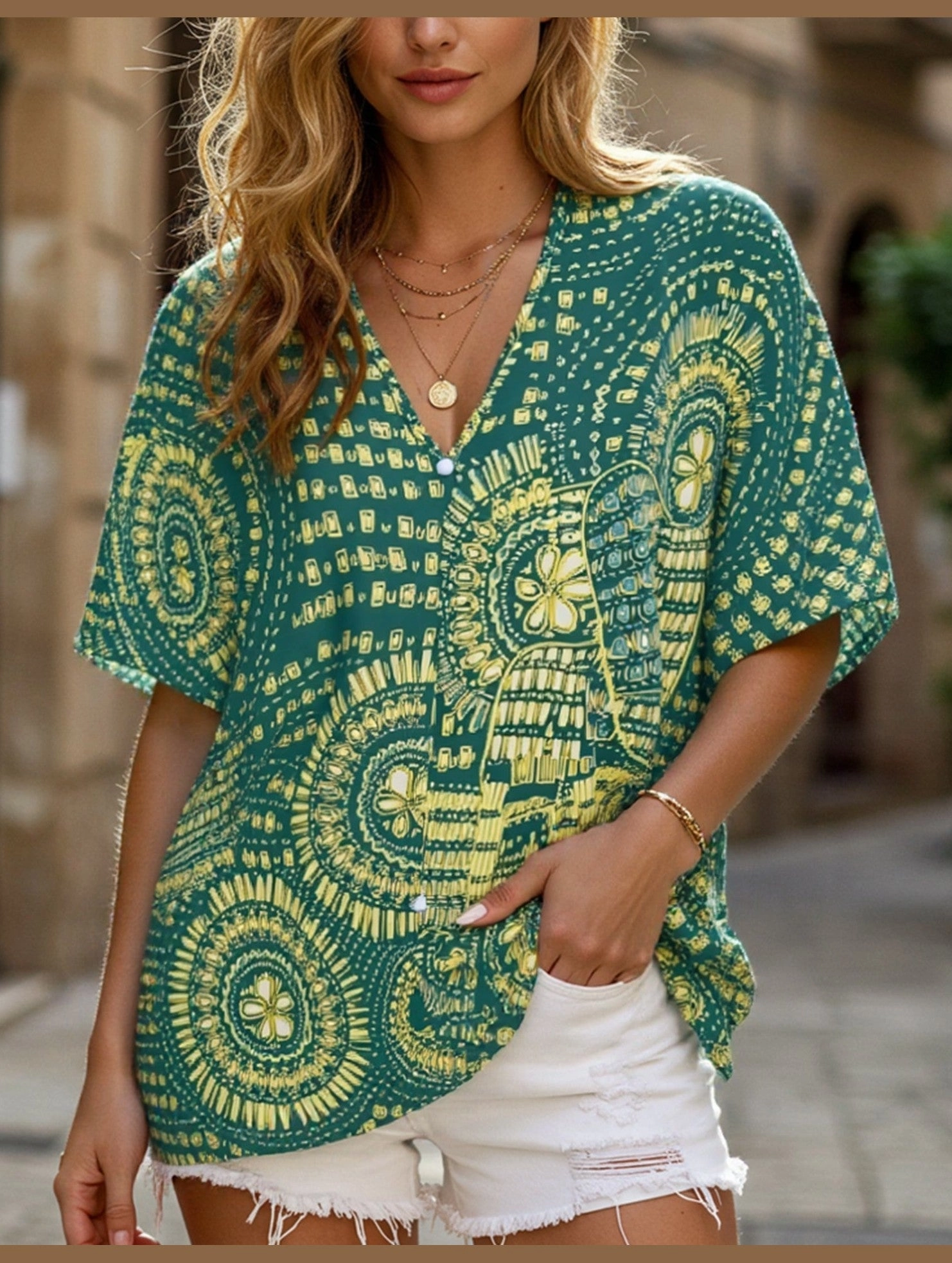 EasyClean V-Neck Printed Resort-Style Bat-Sleeved Top ??Breezy & Chic Summer Essential