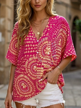 V-Neck Printed Resort-Style Bat-Sleeved Top ??Breezy & Chic Summer Essential Mesh Lining