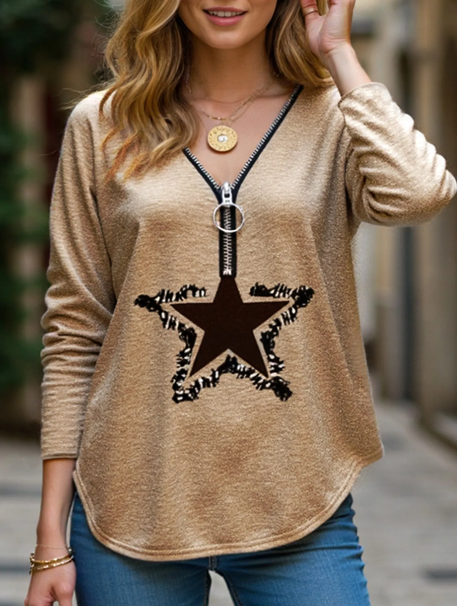 AntiSlipGrip CrossBackDesign zippered v-neck long-sleeved pullover loose shirt